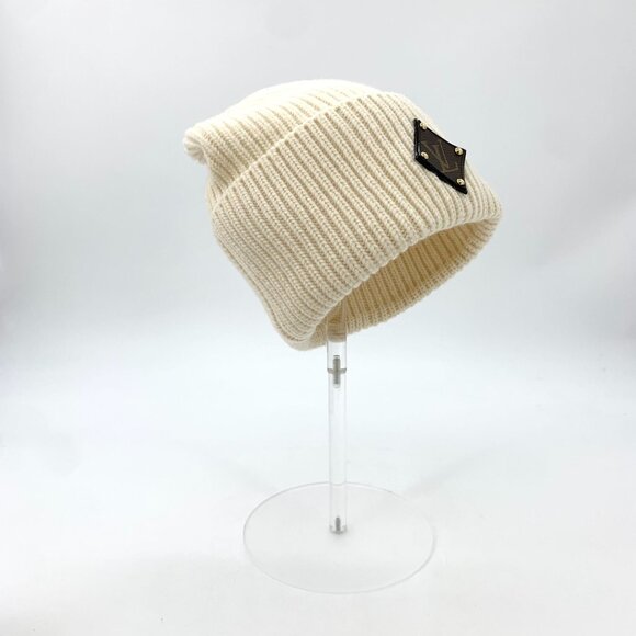 Louis Vuitton Beige Wool Knit Hat W/ Leather LV Logo Patch Winter Cap 52cm - Picture 2 of 9
